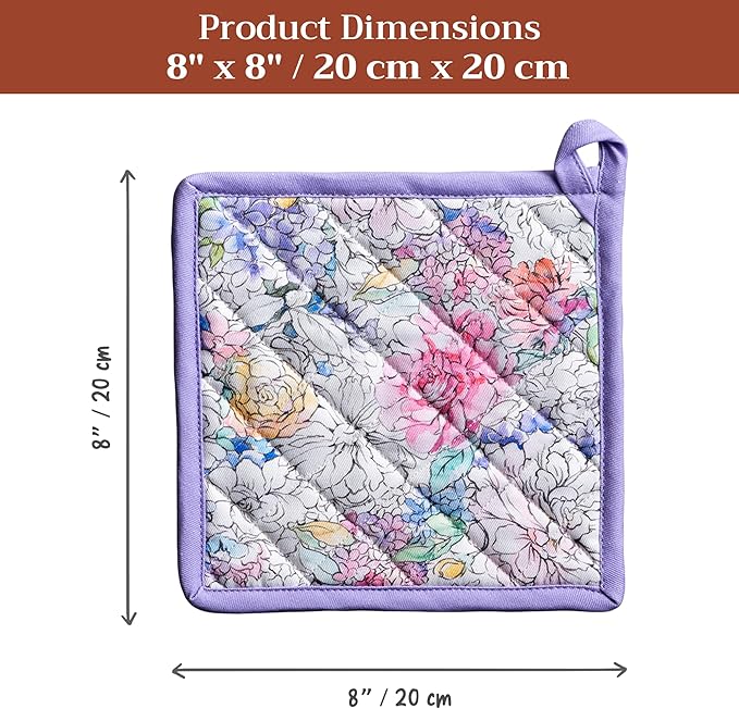 Maison d' Hermine Pot Holders 100% Cotton Heat Resistant Potholders 8" x 8" Hot Pads with Loop BBQ Cooking Baking Gifts for Mothers Day Handling Hot Pans Spring/Summer (Pack of 2, Floral Love)