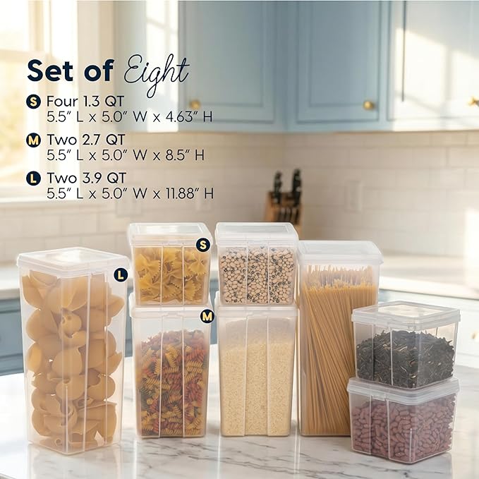 IRIS USA Food Storage Containers with Flip-Top Lid, 8 Pack Combo Set, Clear Stackable Food Containers for Kitchen & Pantry Organization, BPA-Free, Food Grade Plastic For Flour, Sugar, Dry Food, Grain