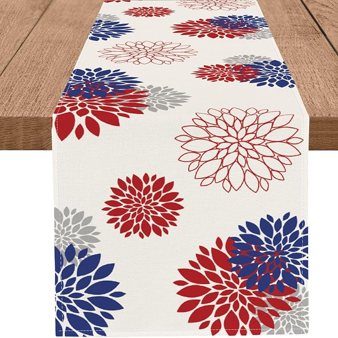 4th of July Independence Day Table Runner God Bless America Blue Red Dahlia Flower Table Runners Memorial Day Modern Table Center Decor for Home Kitchen Dining Party Patio (13 x 36 Inch)