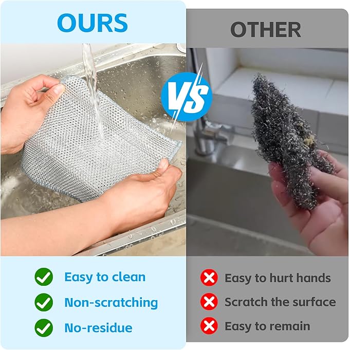 12Pack Multipurpose Wire Dishwashing Rags, Upgrade Non Scratch Wire Dishcloth, Silver Mesh Dish Cloths, Reusable Metal Mesh Cleaning Cloths, Steel Scrub Rags for Kitchen/Stove/Oven/Bath