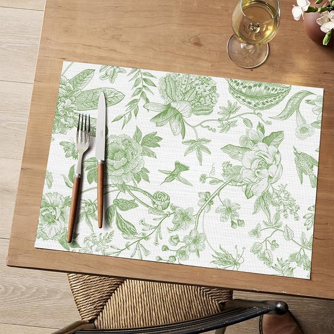 Artoid Mode Green Floral Brids Spring Vinyl Placemats Set of 4, Washable Heat Resistant Non-Slip Woven Plastic PVC Place Mats for Farmhouse Holiday Party Dining Table Decor
