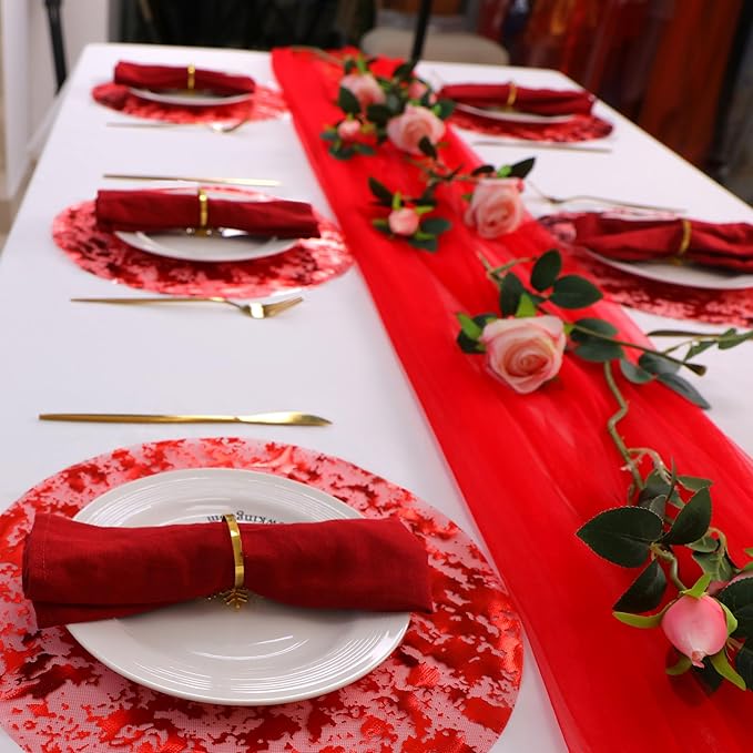 Snowkingdom 24 Pcs Red Placemats, 13 Inch Round Disposable Table Mats with Metallic Foil Mesh Glitter Design, Elegant Party Supplies for Valentine’s Day, Christmas, Wedding, Birthday Dinner Decor