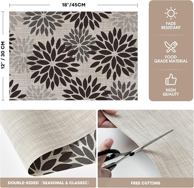 Artoid Mode Floral Vinyl Placemats Set of 6, Heat Resistant Washable Non-Slip Plastic PVC Halloween Place Mats for Party Kitchen Dining Decor, Black