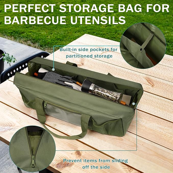 Grill Tool Storage Bag, Large Grill Utensil Storage Caddy with Pockets, BBQ Tools Storage Bag for Outdoor Camping (Green)