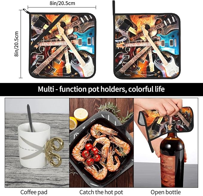 Pot Holders for Kitchen 2PCS Music Guitar,Heat Resistant Potholders Oven Hot Pads for Kitchen Cooking Baking BBQ