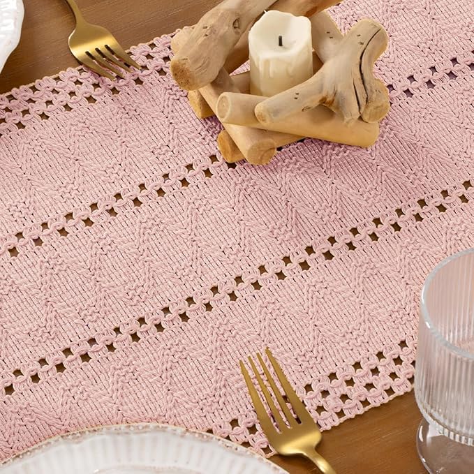 DeZerlor Boho Macrame Table Runner Spring Easter Farmhouse Woven Table Runner with Tassels 90 Inches Pink Cotton Linen Kitchen Table Decor for Dining Dresser Home Tea Table Decor