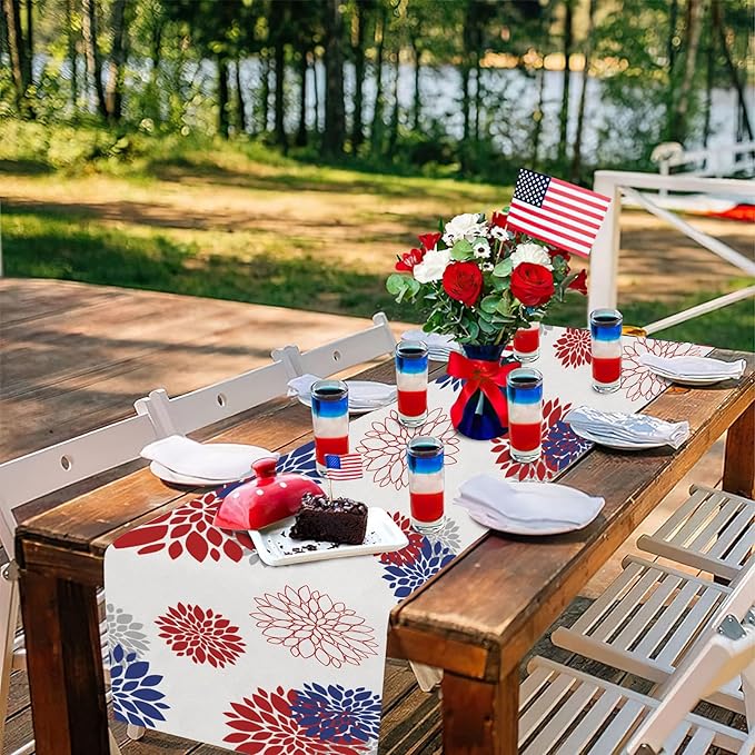 4th of July Independence Day Table Runner God Bless America Blue Red Dahlia Flower Table Runners Memorial Day Modern Table Center Decor for Home Kitchen Dining Party Patio (13 x 108 Inch)