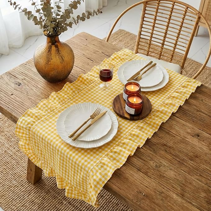 HunnmingRe 1 Pcs Yellow Plaid Gingham Ruffle Table Runner 72 x 13.8'' Farmhouse Easter Table Runner 100% Cotton Scalloped Long Dresser Scarves for Dining Room, Wedding, Kitchen Rustic Home Decor
