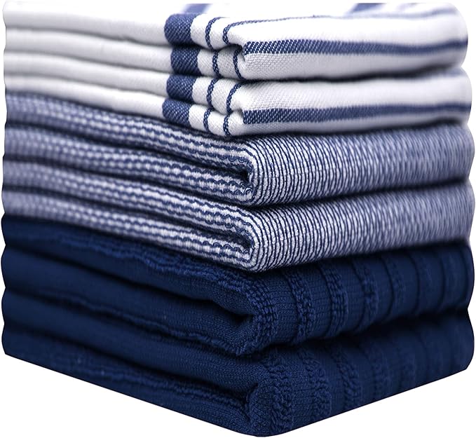 Premium Kitchen Towels (20”x 28”, 6 Pack) | Large Cotton Dish Towels | Flat & Terry Highly Absorbent Kitchen Linen Set with Hanging Loop | Navy Blue Striped
