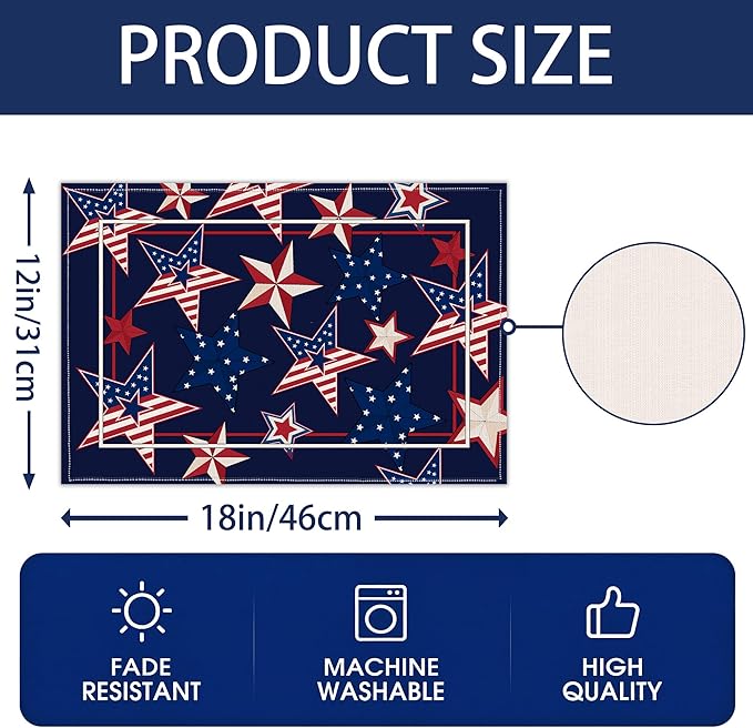4th of July Red White Blue Star Placemats, USA 250th Anniversary 1776-2026 Independence Day Watercolor Star Table Mats, Washable Patriotic Placemats for Memorial Day Party Decor, Set of 4