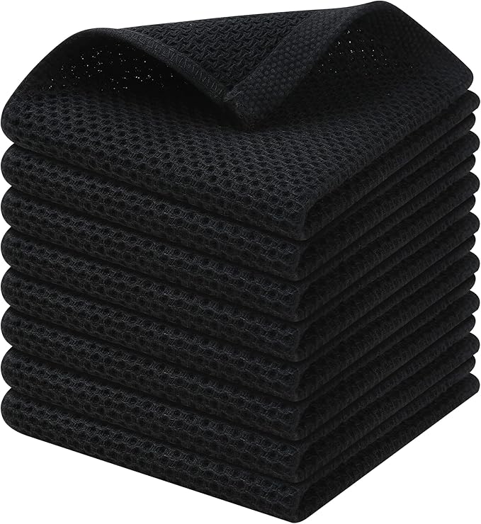 Kitinjoy 100% Cotton Kitchen Dish Cloths (12 X 12 Inches, Black), 8 Pack Waffle Weave Ultra Soft Absorbent Dish Towels for Drying Dishes Quick Drying Kitchen Towels Dish Rags