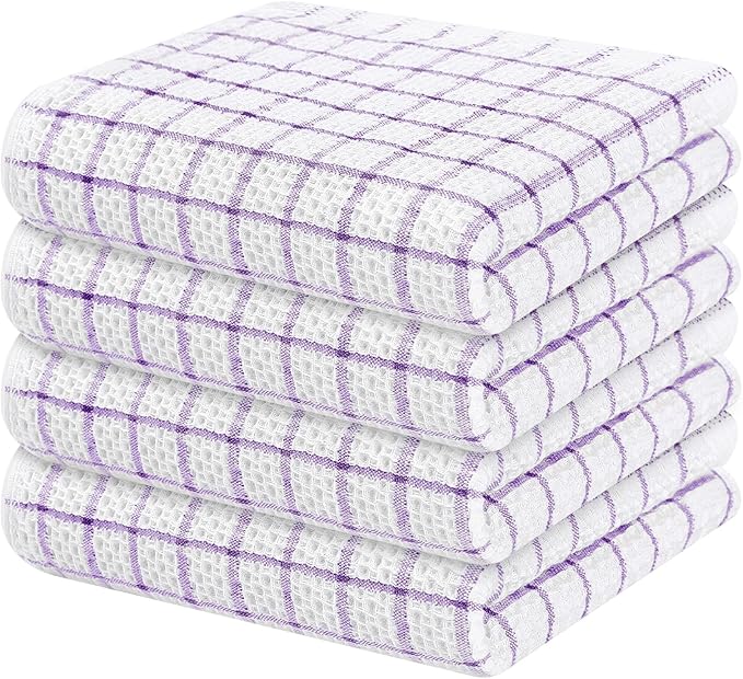 Homaxy 100% Cotton Kitchen Towels 4 Pack-15 X 25 Inches, Check Design Waffle Weave Hand Tea Towels, Super Soft and Absorbent Dish Towel for Drying Dishes, Purple