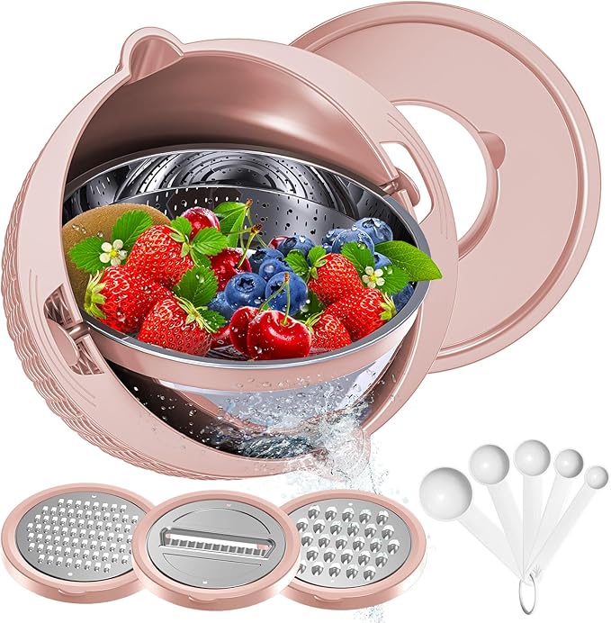 4-1 Colander with Bowl & Spoons Set - Food Strainer with New Upgraded Graters & Spoons - Colanders for kitchen(Patented) - Strainer for Fruit Pasta Veggie, Funny Presents for Women, Pink