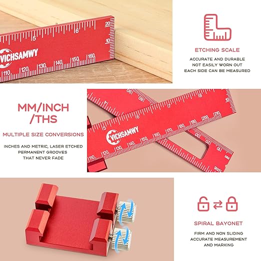 Precision Metal Slide Stop Scribing Ruler - 12, 8 & 6 Inch, Adjustable Measuring & Marking for Woodworking