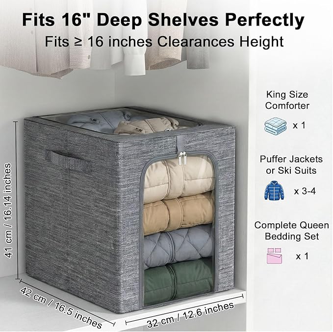 GoMaihe Clothes Storage Bins Metal Frame: 55L Extra Large Stackable Closet Storage Bin with Lid & Clear Window, Heavy Duty Blanket Box for Winter Coats Comforters (Fits Deep Closet 6-Pack)