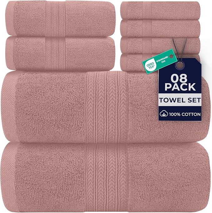 DAN RIVER 8 PC Luxury Bath Towels for Bathroom, 2 Bath, 2 Hand, and 4 Wash Cloths, 600 GSM 100% Ring Spun Cotton Towel Set, Highly Absorbent, Gym, Hotel, and Spa, Dusty Rose