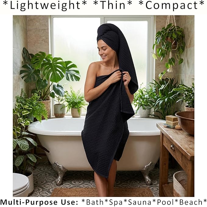PÜSKÜL Natural 100% Turkish Cotton Black Waffle Bath Towels Set of 2-Piece | 32x63 Extra Large Absorbent Quick-Dry Lightweight Spa Towel | Decorative Bathroom Towel (Black Bath Towels - Pack of 2)