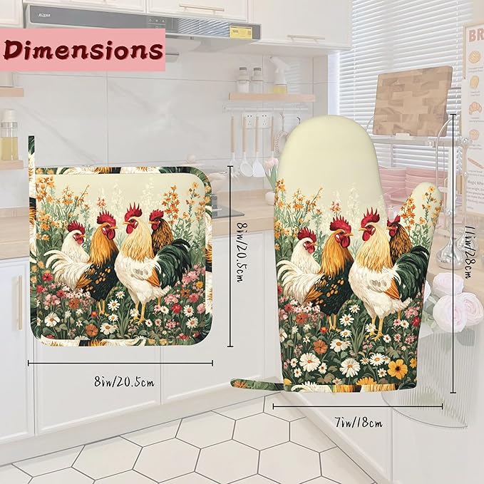 Chicken Rooster Farm Flower Heat-Resistant Silicone Oven Mitts and Pot Holder 4 Piece Set,Non-Slip Kitchen Oven Gloves for Baking, BBQ, Cooking,Grilling