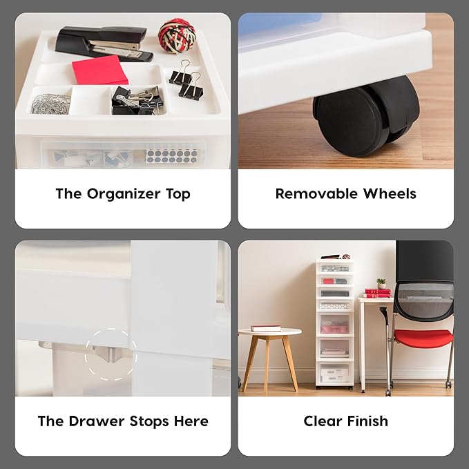 IRIS USA Plastic Drawer Storage Organizer Rolling Cart, with Wheels Casters, 7-Drawers, for Art Craft Supplies Bathroom Dorm Bedroom Laundry Room, White/Clear