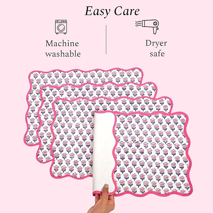CPC Cotton Placemats Pink Sapphire Set of 4-Hand Block Printed Reversible Placemats, Flower Scalloped & Embroidered Cloth Table Mats - 14 x 20 inch Gift for Spring, Mother's Day