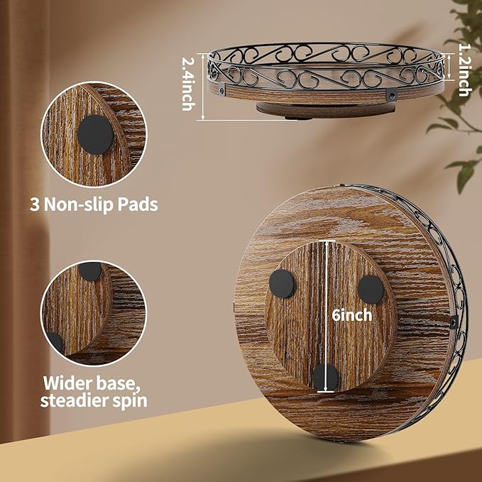 9" Lazy Susan Turntable Organizer for Table Top, Round Wooden Lazy Susan for Cabinet, Farmhouse Decorative Tray for Coffee Table, Kitchen Organizer Countertop, Center Piece Decor, Rustic Brown