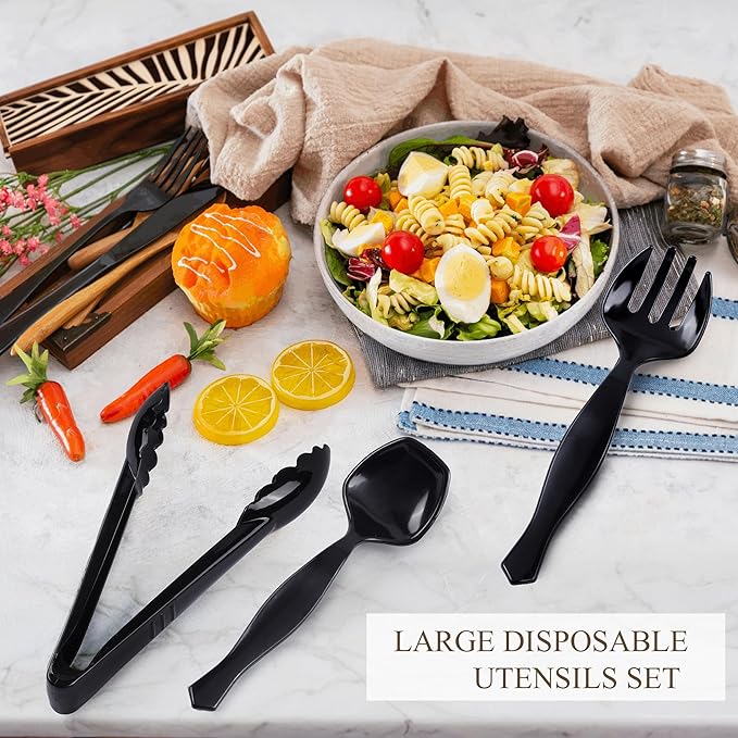 Mwellewm 72Pcs Plastic Serving Utensils Set Large Disposable Serving Spoons Fork and Tongs for Serving Food 8.5'' Heavy Duty Black Party Utensil Supplies for Buffet Restaurant Picnic Dinner Salad Soup