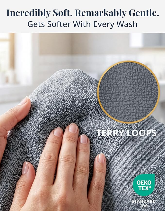 LANE LINEN Hand Towels for Bathroom - 6 Pack (16" x 28"), 100% Cotton Face Towel Set - Soft, Fade & Shrink Resistant - Hotel & Spa Inspired Hand Towels for Bathroom for Modern Family Homes - Cool Grey