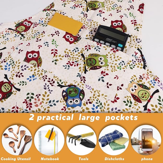 Sanlykate Extra Large Canvas Cotton Apron for Men & Women, Plus Size Durable Aprons with 2 Pockets, Adjustable Bib Machine Washable Oversized Aprons for Baking, Cooking, Painting - Owl