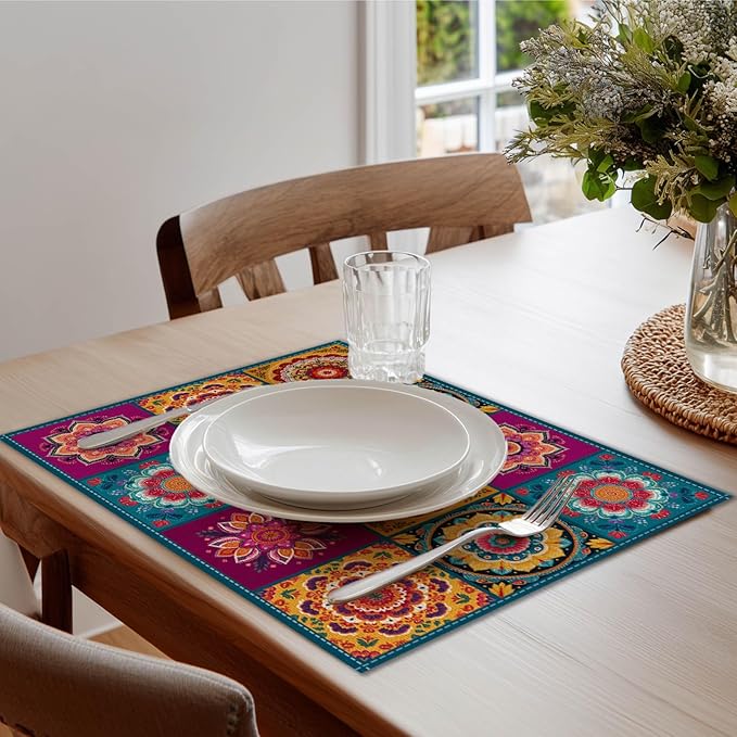 HOMETITUTE Placemats Set of 4 Linen 12x18 Inch Washable Table Mats Mandala Bohemian Style Christmas Place Mats Colorful Placemats Decorative Farmhouse Kitchen Dining Table Set