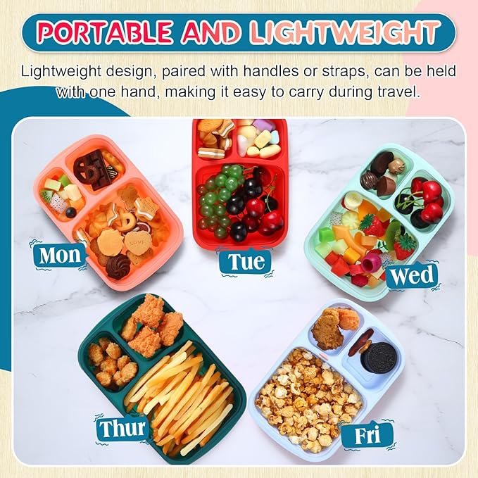 Honeydak 5 Pack Snack Containers 3 Compartment Bento Snack Boxes Divided Meal Prep Containers with Lids Reusable Adults Lunch Food Storage Box for School Work Travel (Red Blue Green)