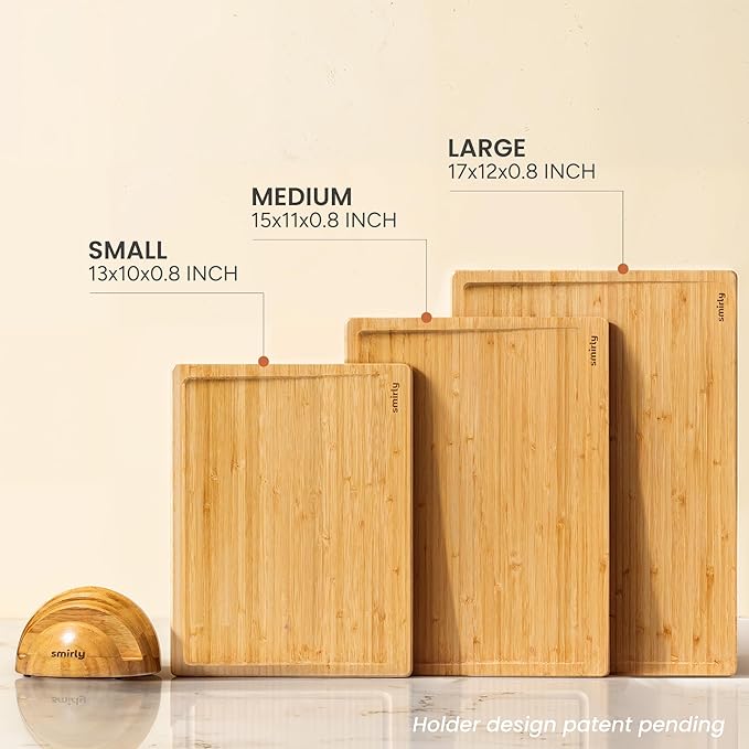 SMIRLY Wooden Cutting Boards For Kitchen Meal Prep & Serving - Bamboo Cutting Board Set with Holder, Charcuterie & Chopping Board, Wood Cutting Board Set, Kitchen Gadgets