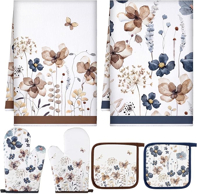 Teenyyou 6 Pcs Spring Brown Poppy Floral Kitchen Towels Oven Mitts and Pot Holder Sets Farmhouse Summer Wildflower Decoration for Home Cleaning Daily Kitchen Cooking Baking Grilling Gifts for Mother
