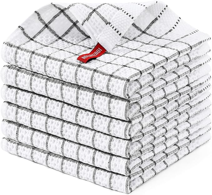 Homaxy 100% Cotton Dish Cloths, 6 Pack-12 X 12 Inches, Check Design Waffle Weave Dish Rags for Washing Dishes, Ultra Absorbent and Fast Drying Dishcloths, Black