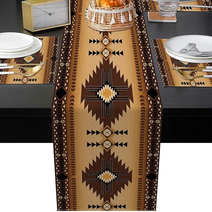 ArtSocket Western South Table Runner and Placemats Set of 6, Ethnic Boho Tribal Aztec Colorful Flower Dining Decor for Daily Use(1 Table Runner 72 inches Long and 6 Placemats)