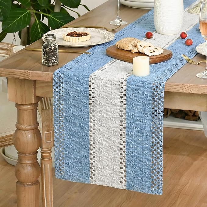 Artoid Mode Sky Blue Farmhouse Rustic Table Runner, Seasonal Hollow Kitchen Dining Table Decoration for Home Party Decor 12x108 Inch