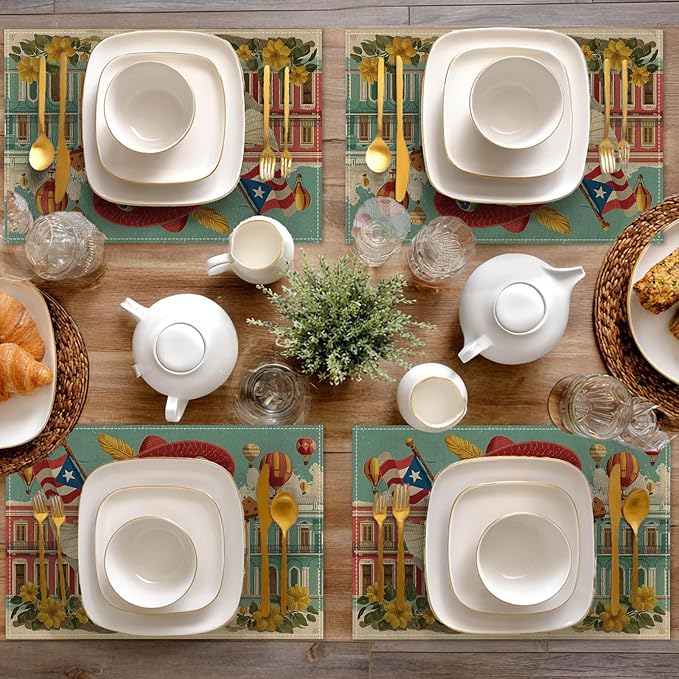 HOMETITUTE Colorful Placemats Set of 4 Linen 12x18 Inch Washable Table Mats Fun Frog Playing Guitar Design Decorative Dining Table Placemats Set of 4 Farmhouse Kitchen Holiday and Everyday Use