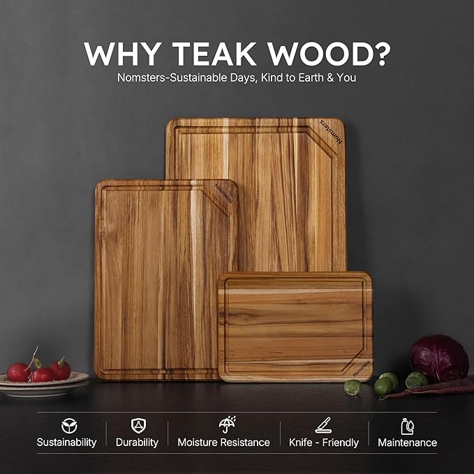 3 Pack Teak Wood Cutting Board Set for Kitchen High-End Non Toxic Non Slip Over Sink Solid Thick Wood Haus Chopping Board Extra Large Big Small Best Kitchen Essential House Warming Hostess Host Gift