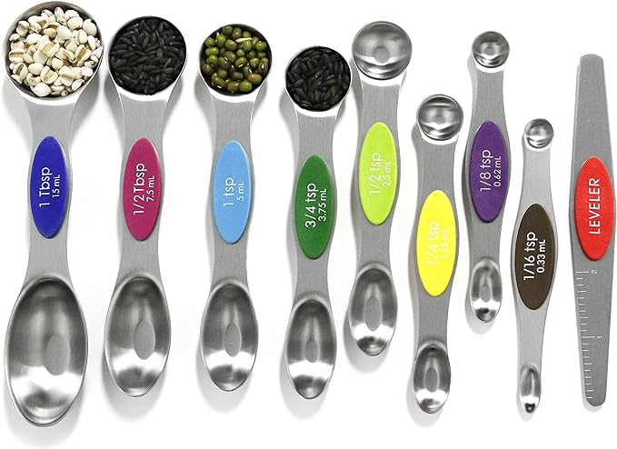 Magnetic Measuring Spoons Set Stainless Steel with Leveler, 9pcs Multicolors Measuring Cups Set for Baking, Measuring Cups and Spoon Set Kitchen Gadgets Apartment Essentials Fits in Spice Jars
