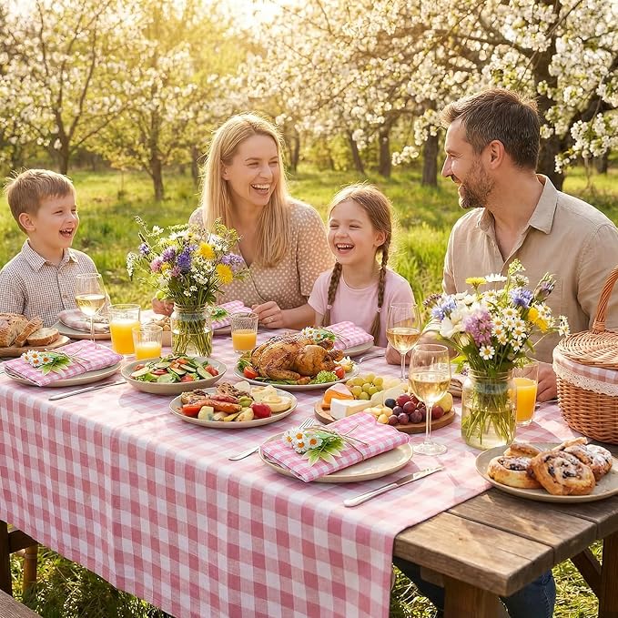 SmoothNovelty 12 Pack Buffalo Plaid Cloth Napkins 18x18 Inch Spring Checkered Cloth Napkins Scalloped Soft Cotton Table Mat Washable Reusable for Dinner Wedding Birthday Parties (Classic,Pink)