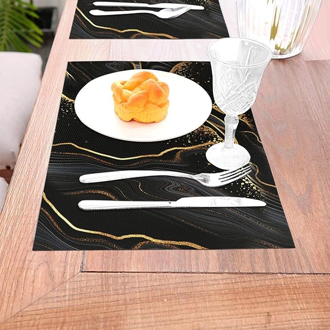 Black Gold Marble Texture Placemats Set of 4, Black Table Mats, Heat Resistant Washable Linen Place Mats for Kitchen Dining Table Farmhouse 12"x18", Black Gold Kitchen Decor