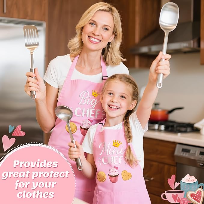 R HORSE 2Pcs Adults Kids Matching Apron Set - Mommy and Me Adjustable Kitchen Apron with 2 Pockets - Parent and Child Matching Gift for Women Kid Cooking Baking Painting Training Gardening