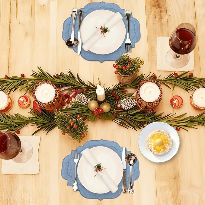 Cotton Linen Oval Placemats Set of 4, HADEEONG Table Mats Cloth Placemats, Washable Wrinkle Resistance, Scalloped & Embroidered Fabric Placemats, 17.71 x 13.77inch (Sky Blue, 4)
