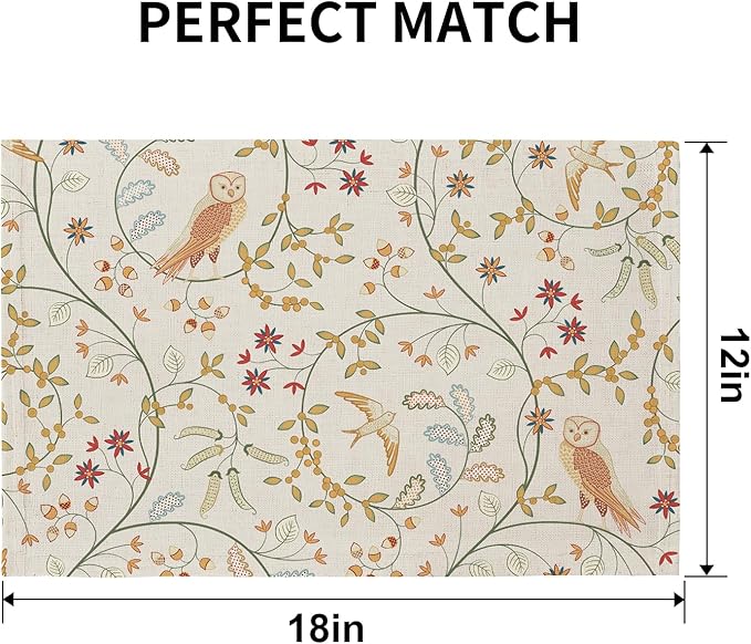 QIYI Boho Placemats Set of 4, 12x18 Inch Linen Fabric Place Mats for Kitchen Dinning, Farmhouse Rustic Floral Cloth Table Mats, Washable Placemat Folk Art Party Table Décor, Forest Birds