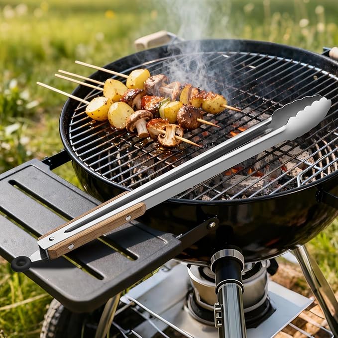 17-Inch Grill Tongs - Locking Metal Tongs with Oak Wood Handles,Stainless Steel Kitchen Tongs for Cooking,Long Tongs for Grilling,BBQ,Serving and Outdoor Barbecue,Heavy Duty,Heat-Resistant and Durable