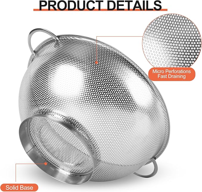 Kaishun Colander Stainless Steel 5-Quart, Strainer for Kitchen Food, Dishwasher Safe