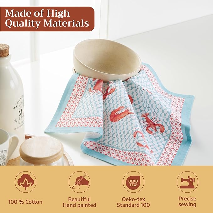 Maison d' Hermine Cloth Napkins Set of 4 100% Cotton Everyday Reusable Square Napkins Cloth Washable Dinner Party Wedding Restaurant Gifts for Mothers Day Spring/Summer (Lobster Love, 18" x 18")