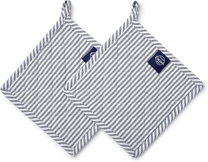 Encasa XO 8 inches Oven Microwave Potholders (2 pc Set) for Kitchen Cooking & Baking - Heat Resistant, Thick & Safe, Protection of Hands from Hot Utensils - Ticking Navy Blue
