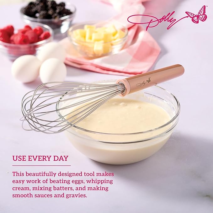 Dolly Parton Whisk – 12-Inch Stainless Steel Whisk with Blush Details, Ergonomic Handle, Dishwasher Safe, Perfect for Beating Eggs, Whipping Cream & Mixing Batters