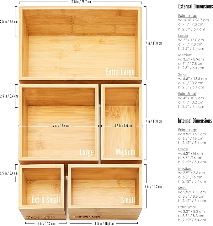 Bamboo Drawer Organizer and Storage Set, Multi-use Set of 5 Storage Trays, Wood Boxes of various sizes for Office Desk or homework, Kitchen, Bathroom Jewelry, Cosmetic Make up, Baby Bedroom, Junk.