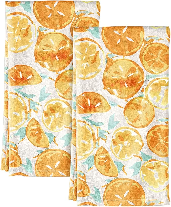 Miss Adola Flour Sack Kitchen Towels - Set of 2 Spring Dish Towels with Hanging Loop 18x26 Inch Absorbent Reusable Cotton Cloths for Cleaning Cute Design Home Decorative Housewarming, Lemon